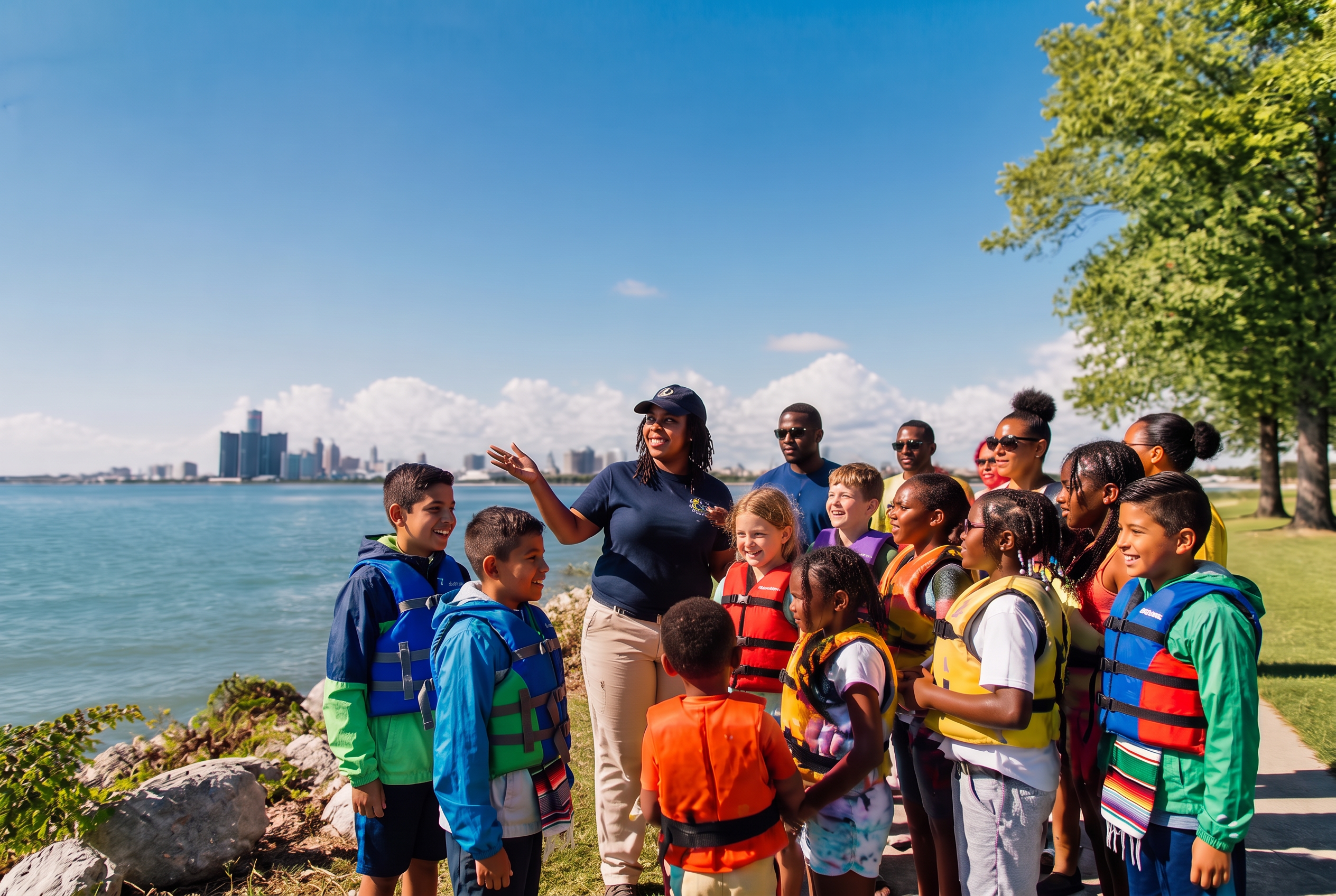 Detroit youth and outdoor educators gathering beside the Detroit River